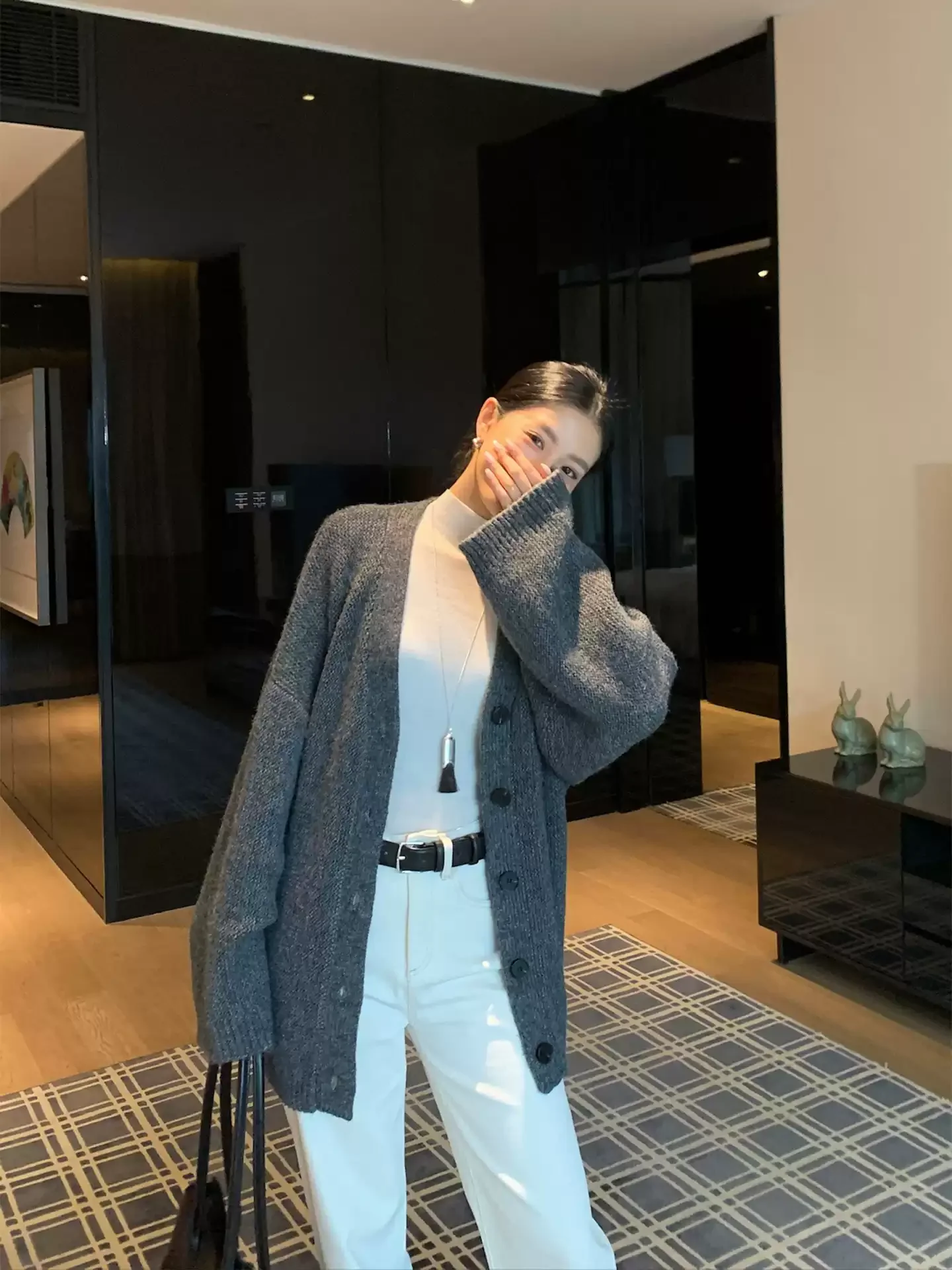 High-grade gray sweater women's autumn and winter loose lazy relaxed slim knit cardigan coat
