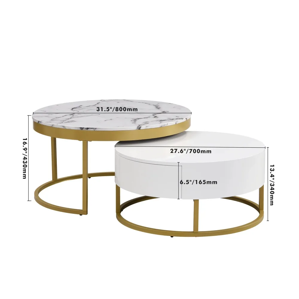 Set of 2 Round Gold Nesting Coffee Tables with Storage Drawers image 6