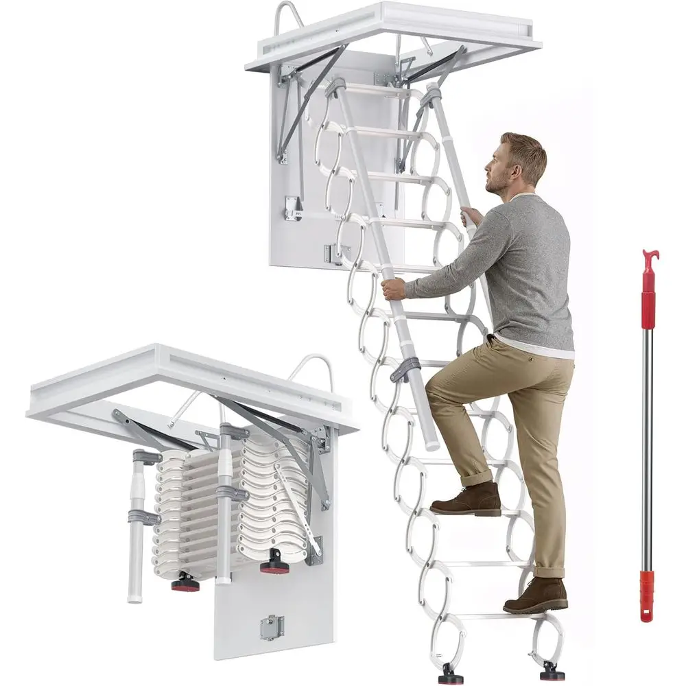 

12-Step Retractable Attic Ladder with Handrail, Hidden Pull-Down Stairs System for 39.37x27.56 Inch Opening