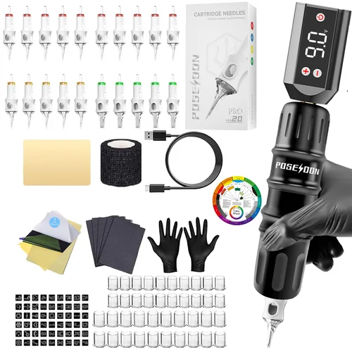 Imagen 2 del producto Kit de tatuaje POSEIDON V6, Kit de pluma de tatuaje para maquillaje permanente, Kit de máquina de tatuaje PS089, fuente de alimentación de tatuaje negra, Kit de tatuaje