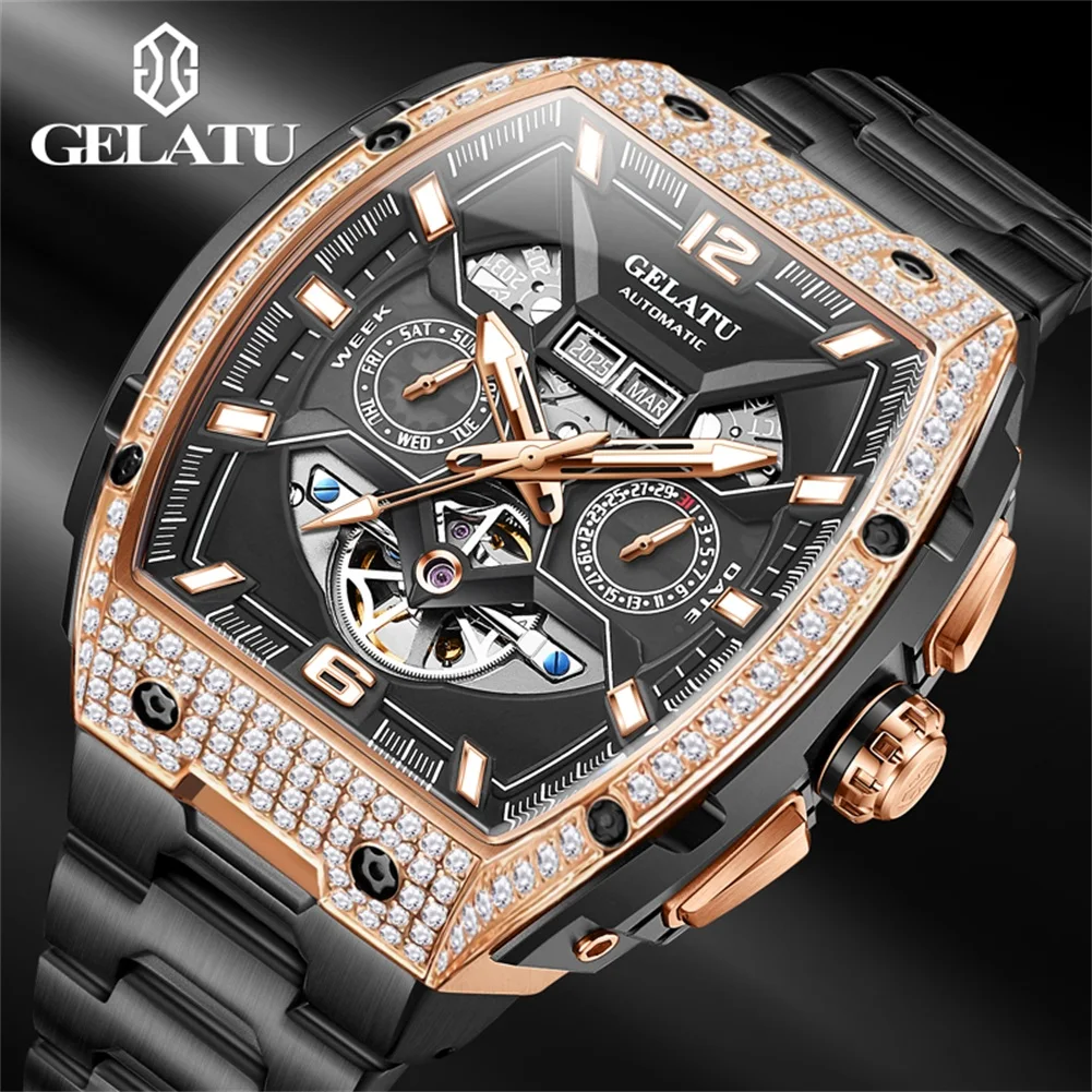 GELATU Brand Luxury Multifunctional Tourbillon Watch for Men Waterproof Luminous Fashion Black Steel Case Mechanical Watches