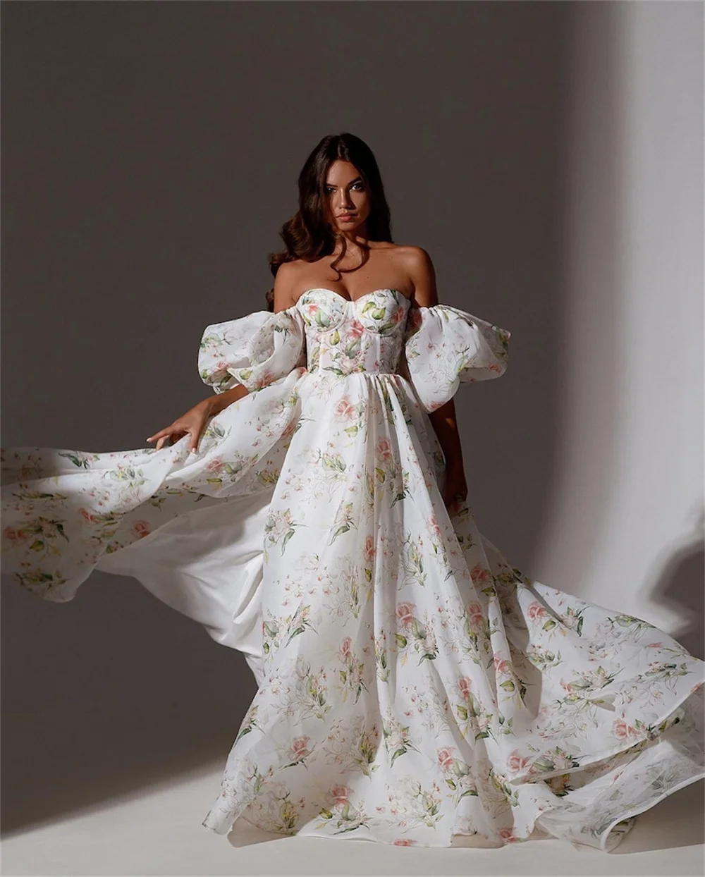 Cathy A-line Off the Shoulder Floral Print Wedding Dress Puff Sleeves vestidos de fiesta Floor-length Elegant Bridal Gown 2024