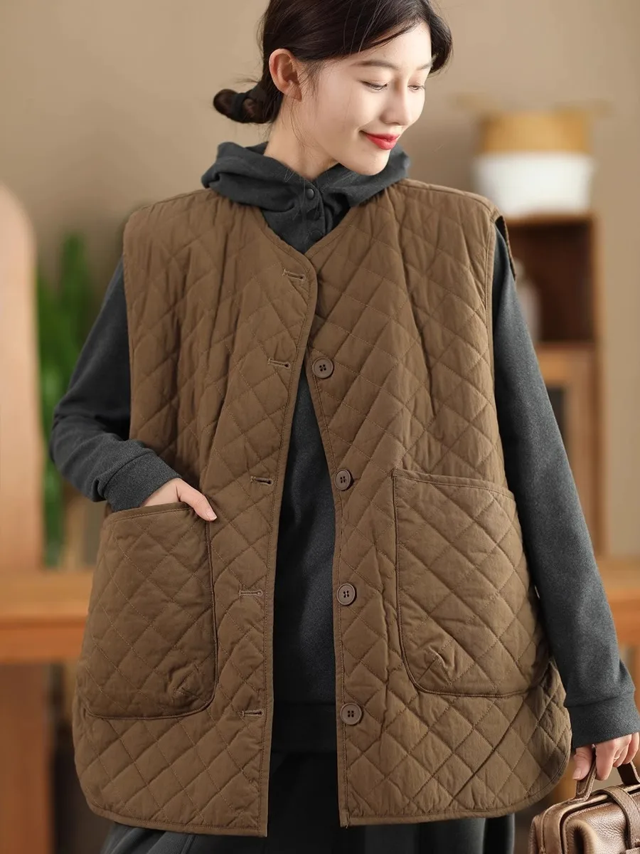 

Retro Diamond id Cotton Insert Vest Outerwear Women Winter Casual round Ne Loose plus Size Cotton oulder Pad Svel...