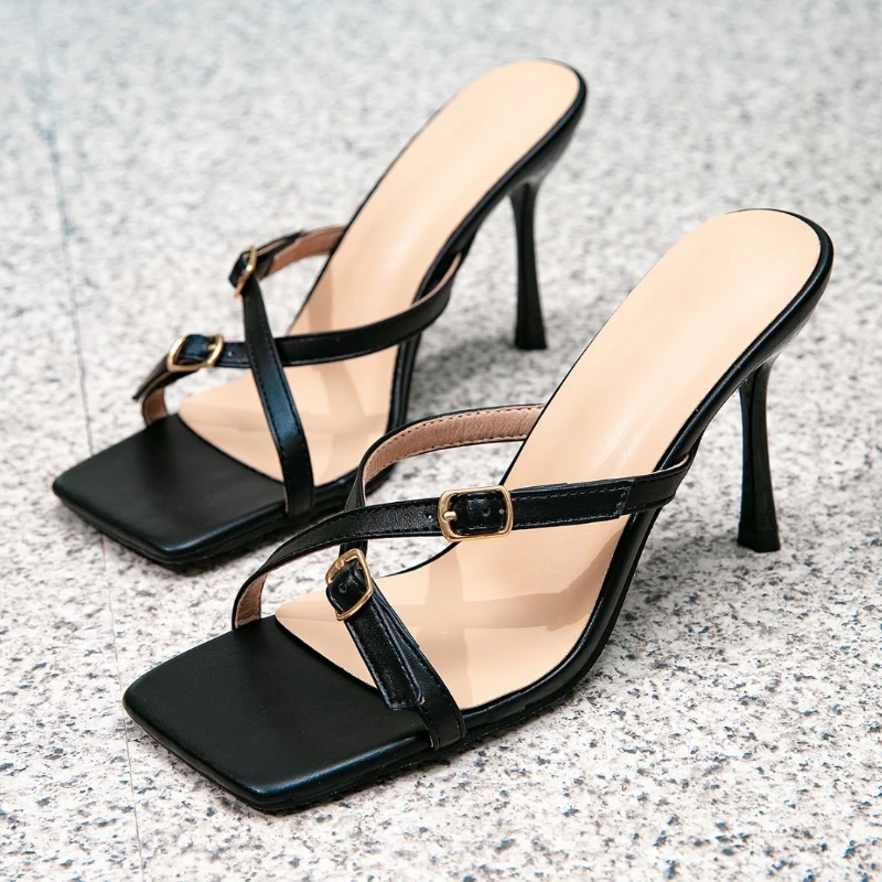 

Летние лаконичные тапочки на высоком каблуке с перекрестным ремешком и пряжкой, женские пикантные босоножки на каблуке с квадратным носком и открытым носком, сабо, женская обувь для зачистки