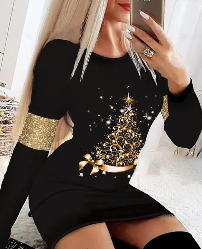 Ladies Summer Dress Party Party Christmas Tree Print Long Sleeve Tight Sexy Solid Color American Round Neck Dress