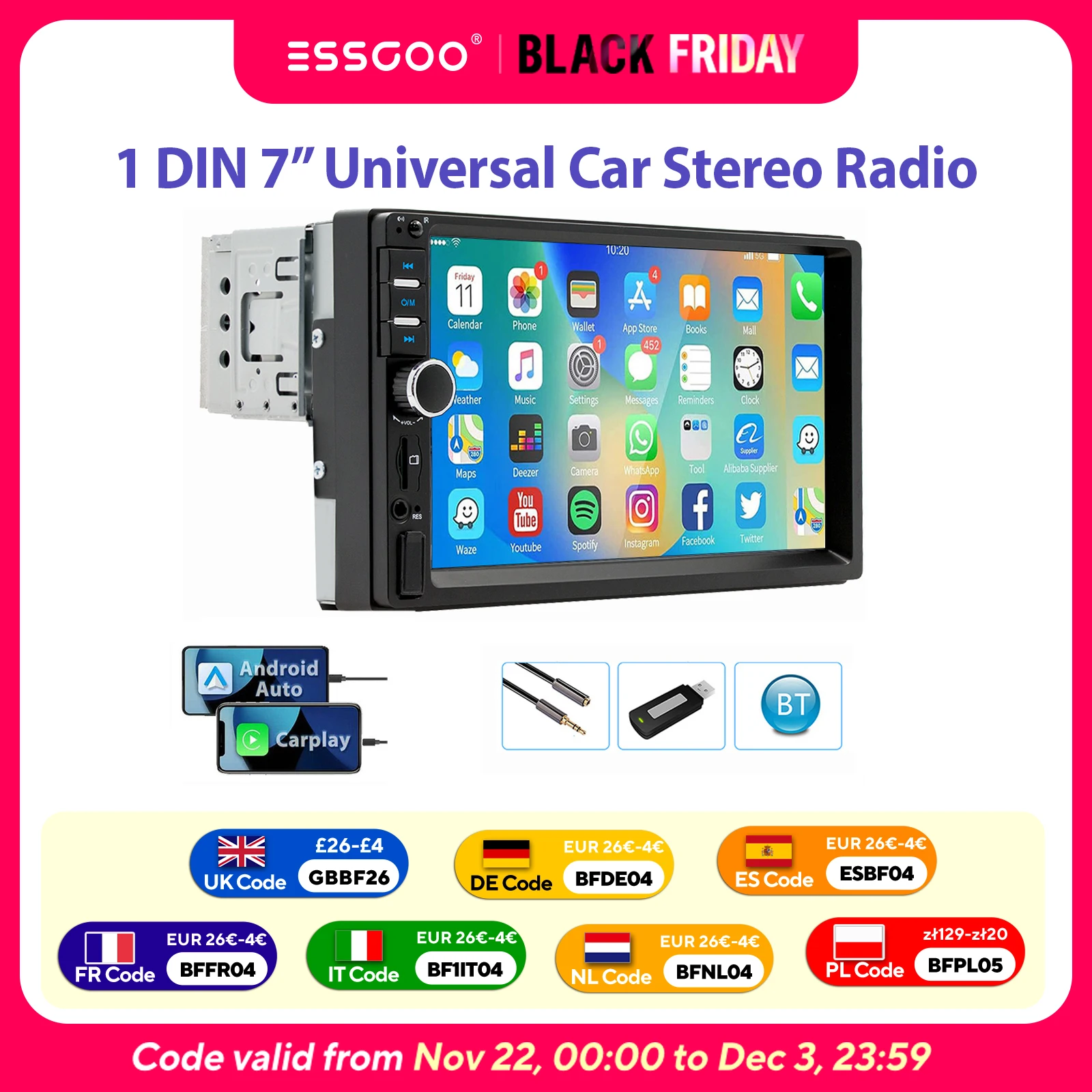 ESSGOO Autoradio 1DIN 7 pollici Universale Carplay Apple cablato Android Auto Bluetooth TF USB Ingresso AUX Schermo tattile HD Lettore video multimediale MP5 7 colori Controllo remoto volante FM
