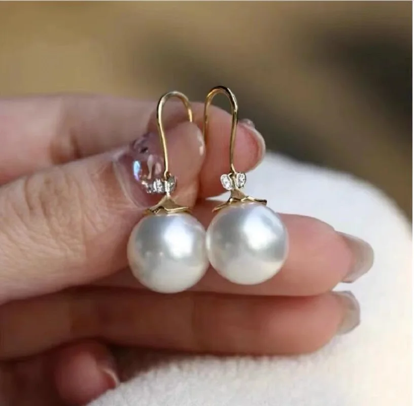 giant AAAAA 10-11mm circular natural Akoya white pearl earrings 925S