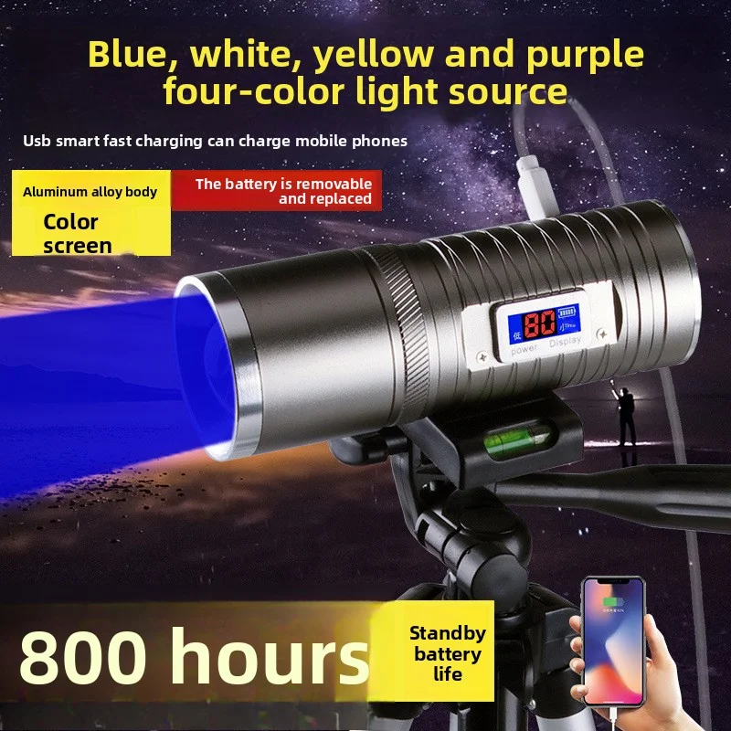 4 Light Source Zoomable Fishing Light Blue Violet Dual Light Source Flashlight Usb Charging Long Life For Night Fishing Camping