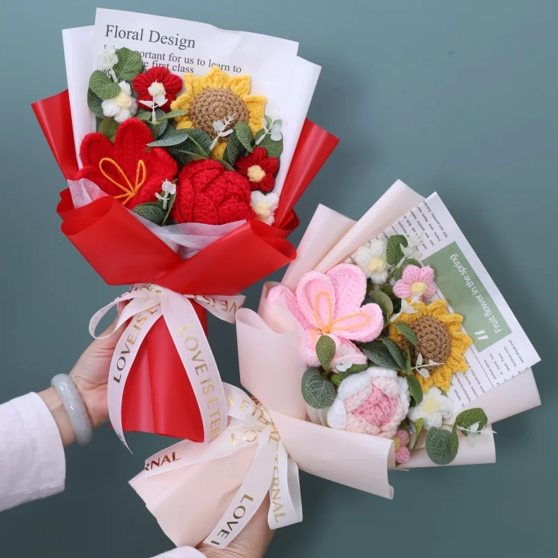 الانتهاء من الزهور المحبوكة عباد الشمس باقة الكروشيه الإبداعية محبوك الزهور عيد الحب هدايا عيد ميلاد التخرج