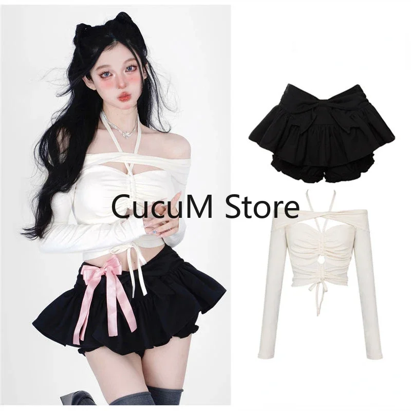 2024 Spring Off Shoulder White Crop Top Women\'s Black Mini Pleated Skirt Cute Two 2 Piece Outfits for Shorts Set Women Shirts