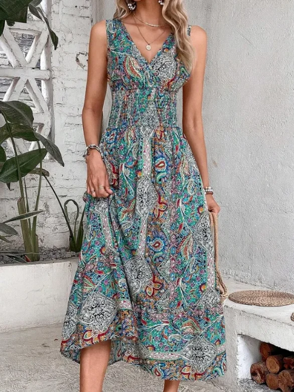 Fashion Boho Dress Elegant Women High Waist V Neck Sleeveless Long Dress 2025 Spring Summer New Slim Elastic Waist Vacation Robe
