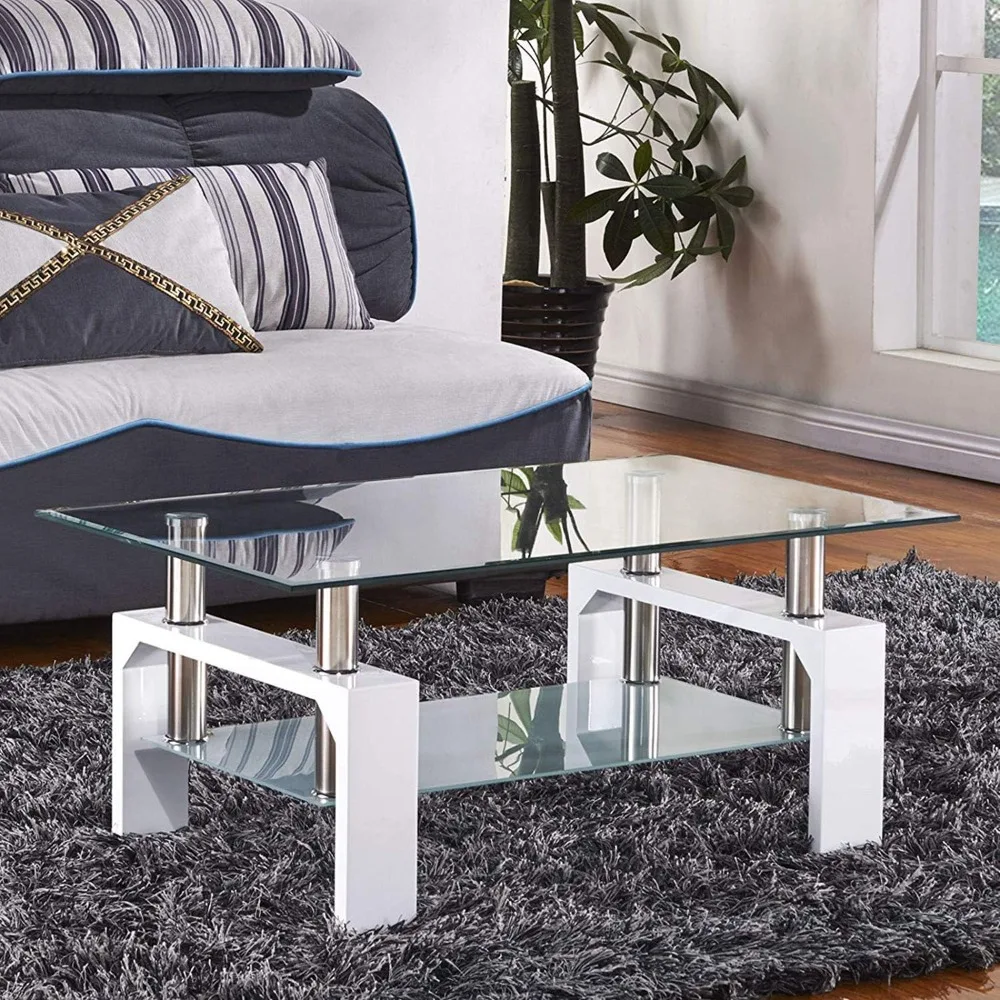 Rectangle Glass Modern Coffee Table with Shelf & Wood Legs Suit for Living Room White