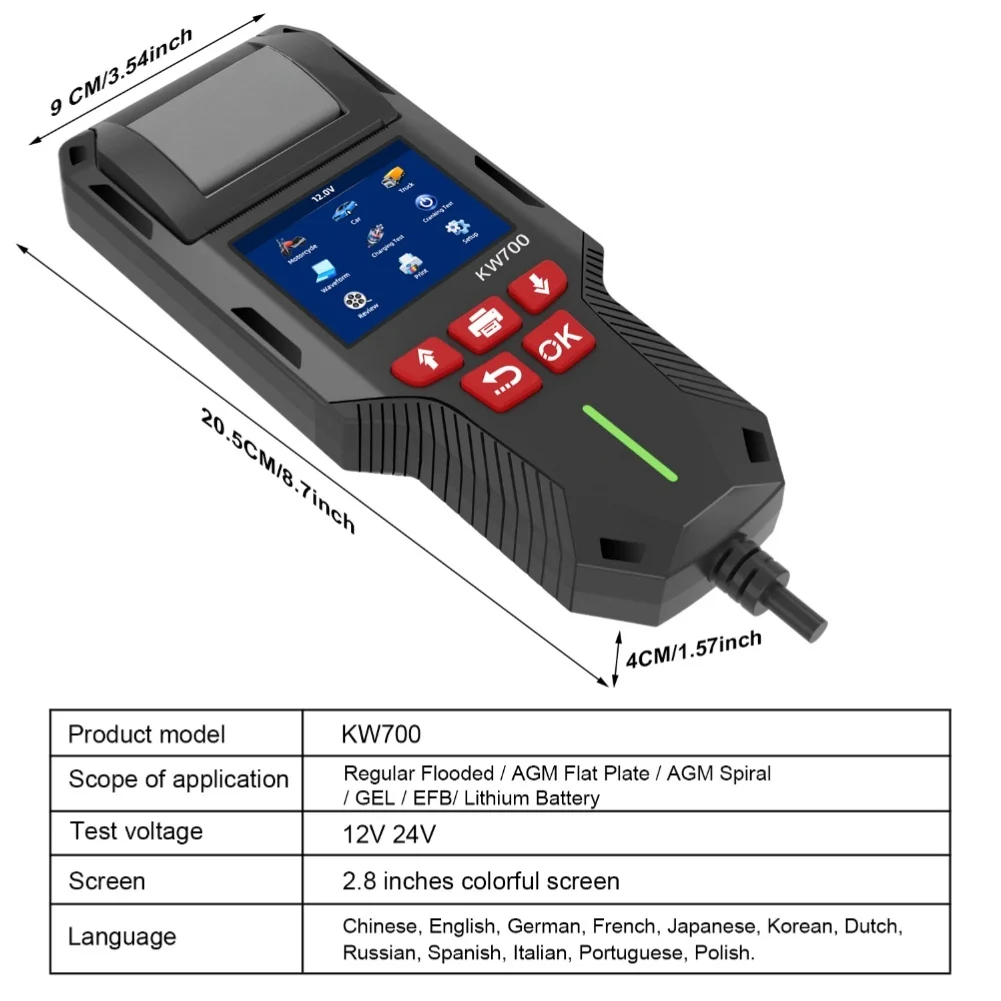 for cca Measurement 12V 24V Tester 3-second Conductance Test Multi-language Support Ripple Voltage Detection 12V And 24V
