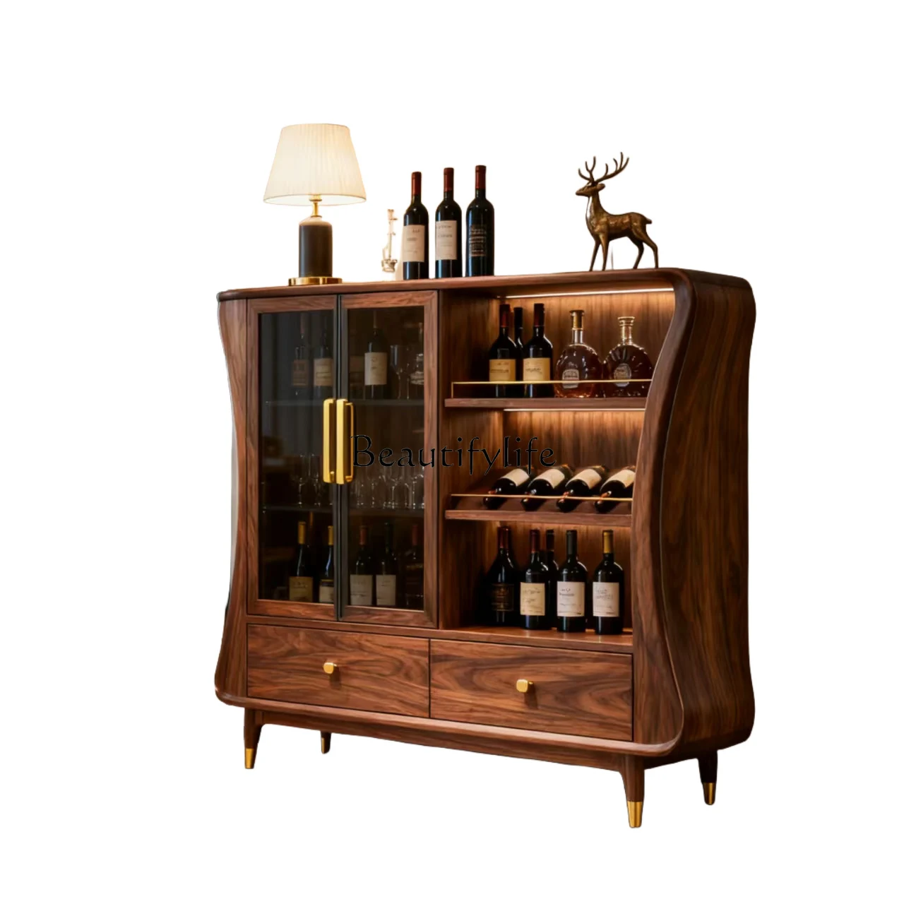 

New Chinese solid wood wine cabinet simple high-end living room glass door retro overall wine cabinet