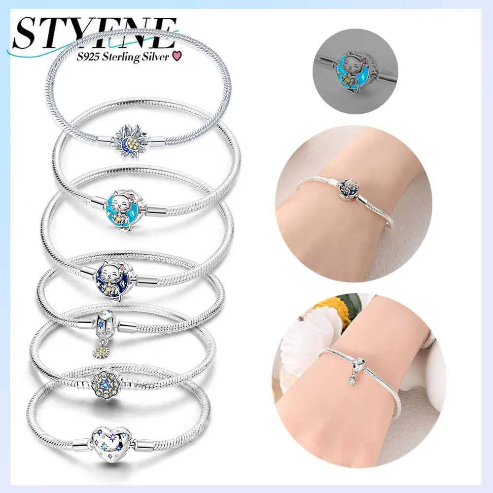 Original-Armband aus 925er Silber, blauer Sternenhimmel, Stern, Mond, Herz, Perle, Charm-Armband, Romantik, Damenschmuck, Jahrestagsgeschenk