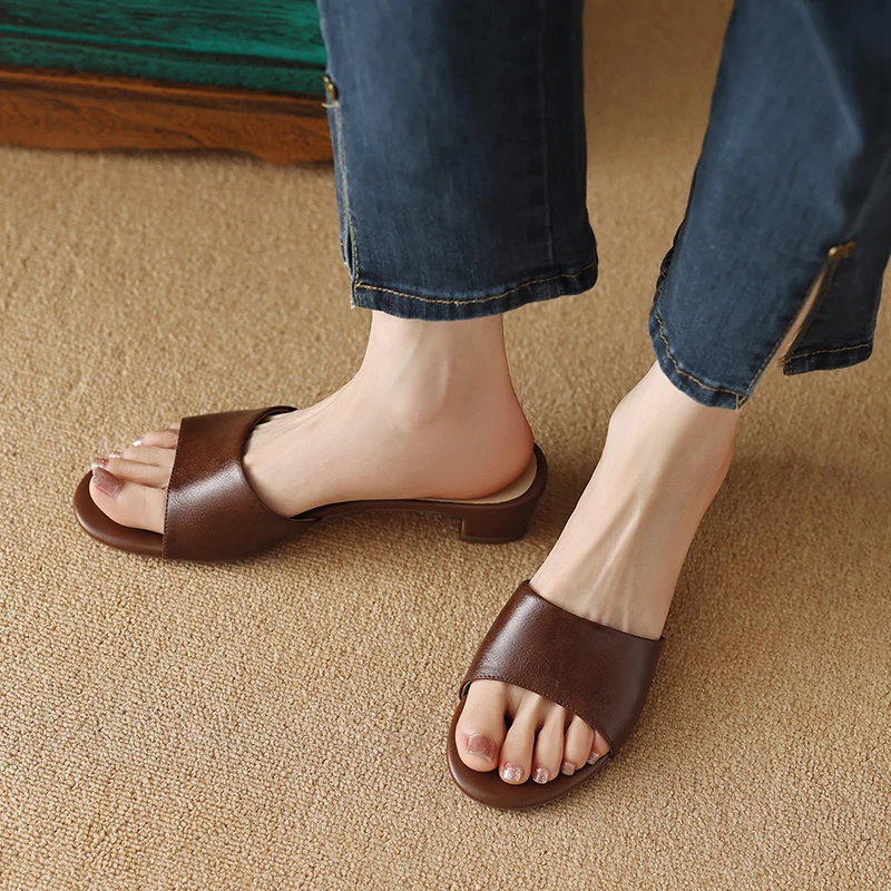 JOZHAMTA Size 33-42 Women Mules Sandals Real Leather Thick Mid Heels Summer Shoes 2025 Casual Daily Home Outdoor Slides Slippers