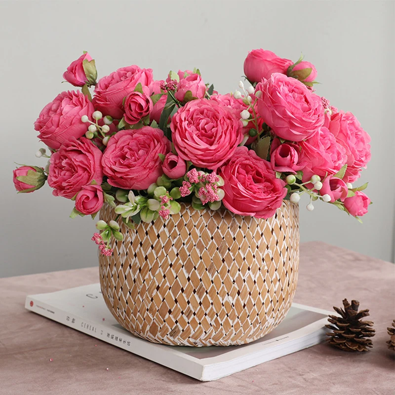 Hot Selling 1pcs/30cm Rose Pink Silk Bouquet Peony Artificial Flower 5 Big Head 4 Small Bud Bride Wedding Home Decoration