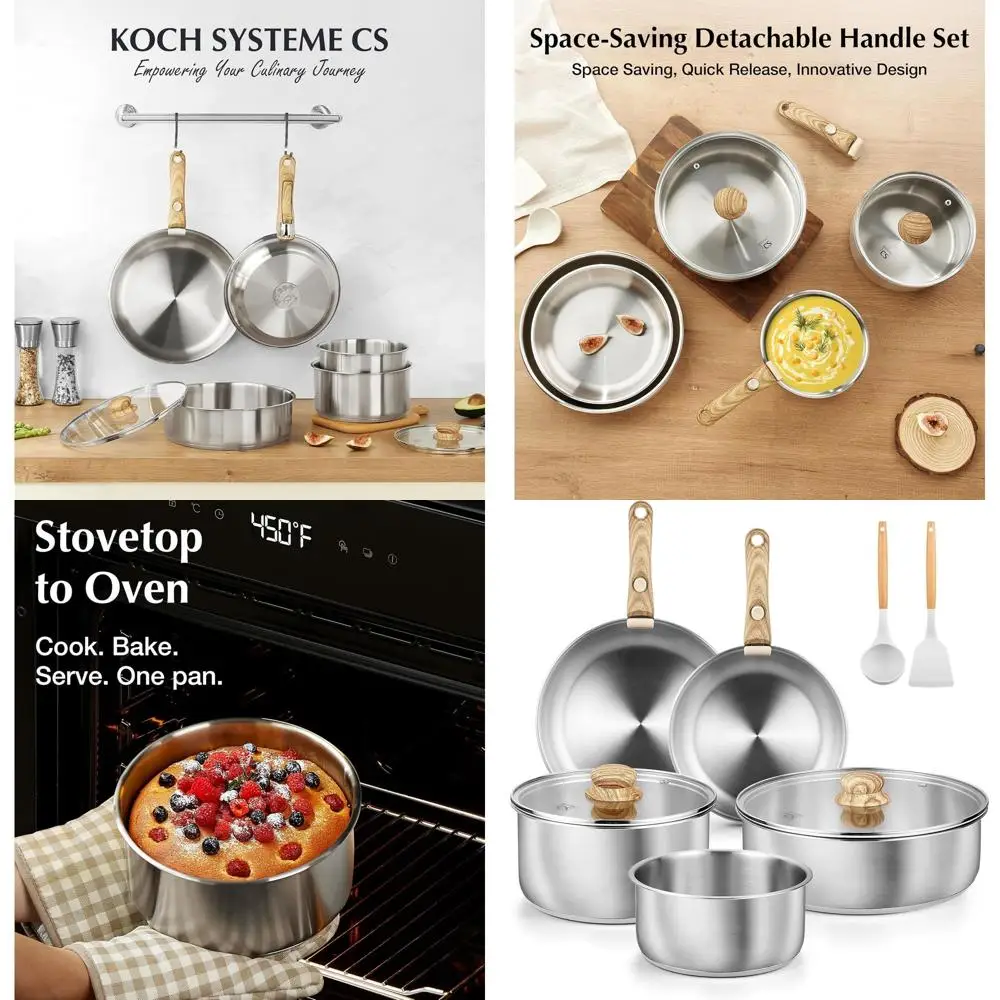 

11-Piece 18/10 Stainless Steel Cookware Set with Detachable Handles, Induction Ready, Easy Storage
