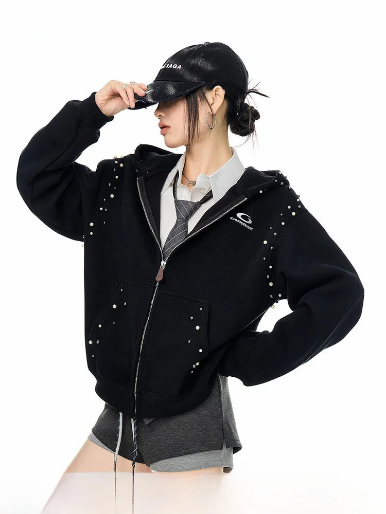 

Ich Mode Pearl Hooded Jaet Women's Loose Sweatirt Cardigan Spring New Sle Vintage Long Coat Zipper Closure Daily Wear