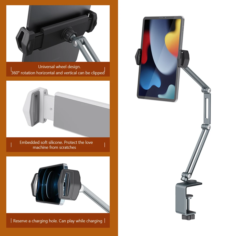 360 Dudukan Tablet Meja Tempat Tidur Dapat Disesuaikan untuk Ponsel 4-13 Inci Tablet Tempat Tidur Lengan Malas Dudukan Tablet Aloi Aluminium