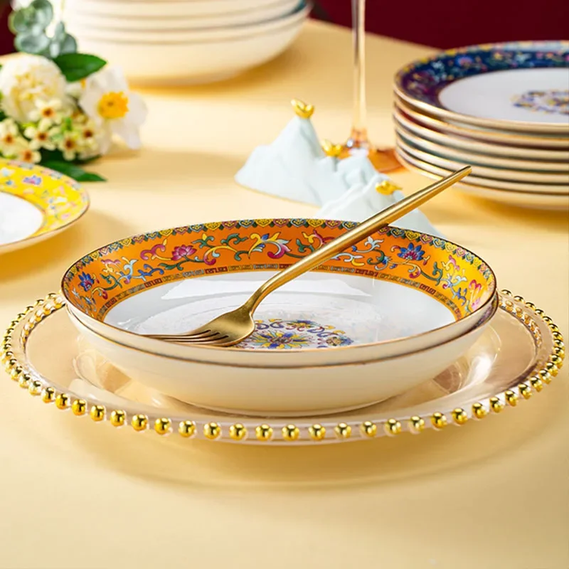 Light Luxury Enamel Ceramic Plate high-end dining table Gold stroke Deep Plate Spaghetti Western Dining plate salad dishes