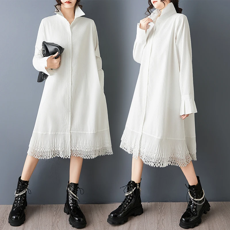 

Spring Fashion Loose Midi Dress Crafted Lace Splice Versatile A-Line Cotton Shirt Sleeve Collar Single Button Ladies Dress