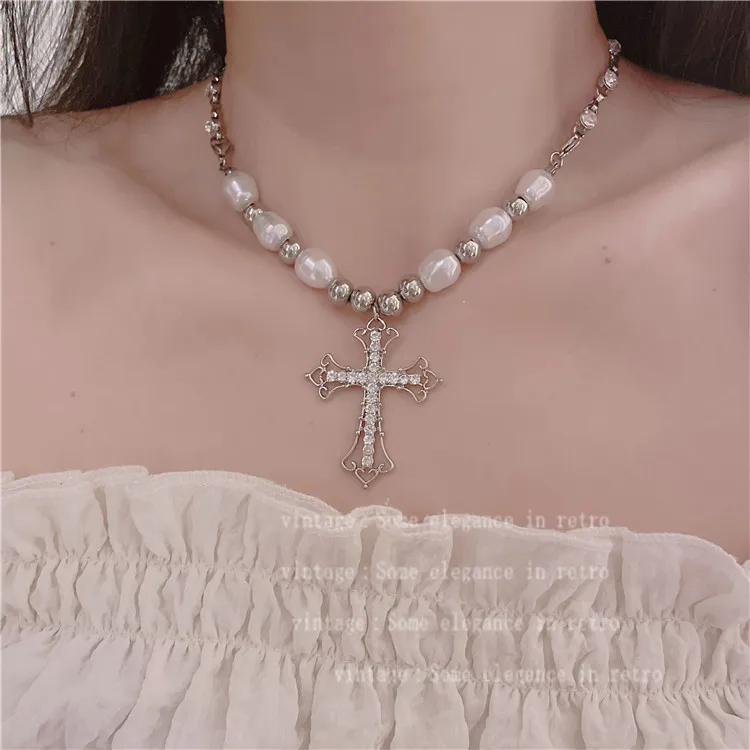 Korean Charm Moonstone Geometric Pearl Cross Pendant Necklace For Women Fashion Vintage Punk Necklace 90s Aesthetic Jewelry