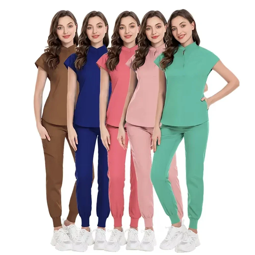 Conjunto Uniforme de Esfoliantes Elásticos femininos, Vestidos Cirúrgicos Hospitalares, Tops de Manga Curta, Terno de Calça Bocador, Roupas Médico, Acessórios Médicos