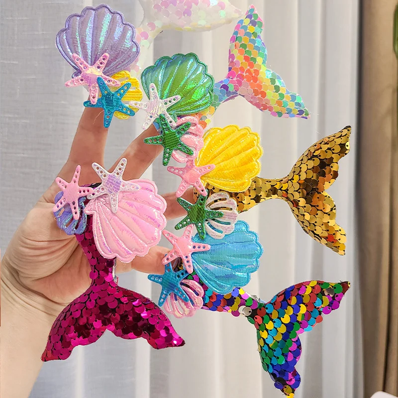 1PC New Sequin Fishtail Shell Starfish Cute Princess Baby Girls Hairpins Hair Clips Kids Headwear Children Hair Accessories