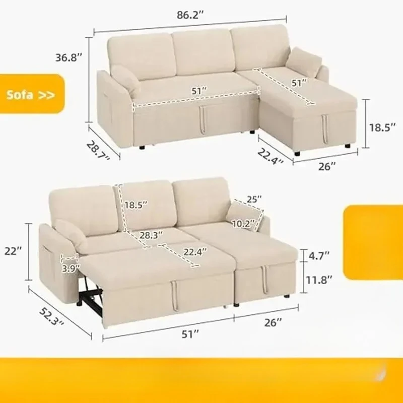 Convertible L-Shape Sectional Sofa Bed with Pull-Out Sleeper, Storage Chaise, Teddy Fleece Cover, High Rebound Cushions