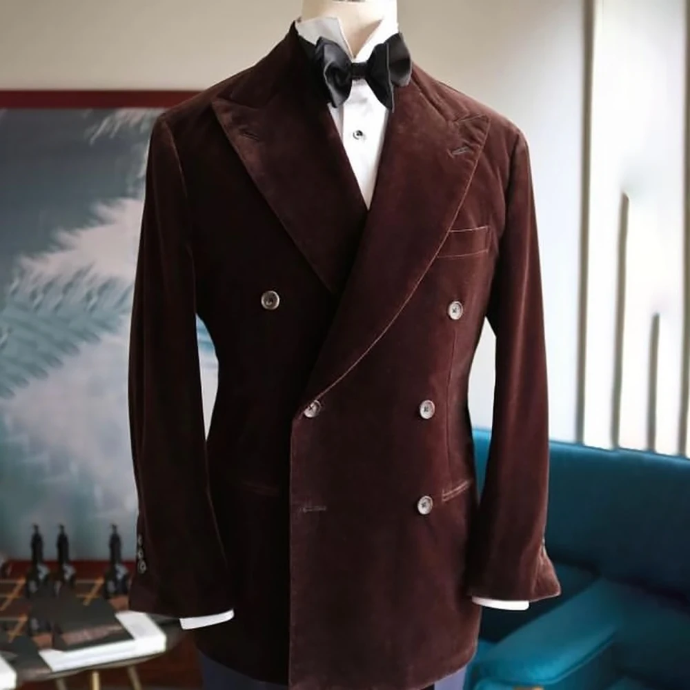 

Daily Velvet Suits for Men 2 Piece Jakcet Pants Sets Elegant Double Breasted Peak Lapel Slim Fit Male Clothing Daily Outfits