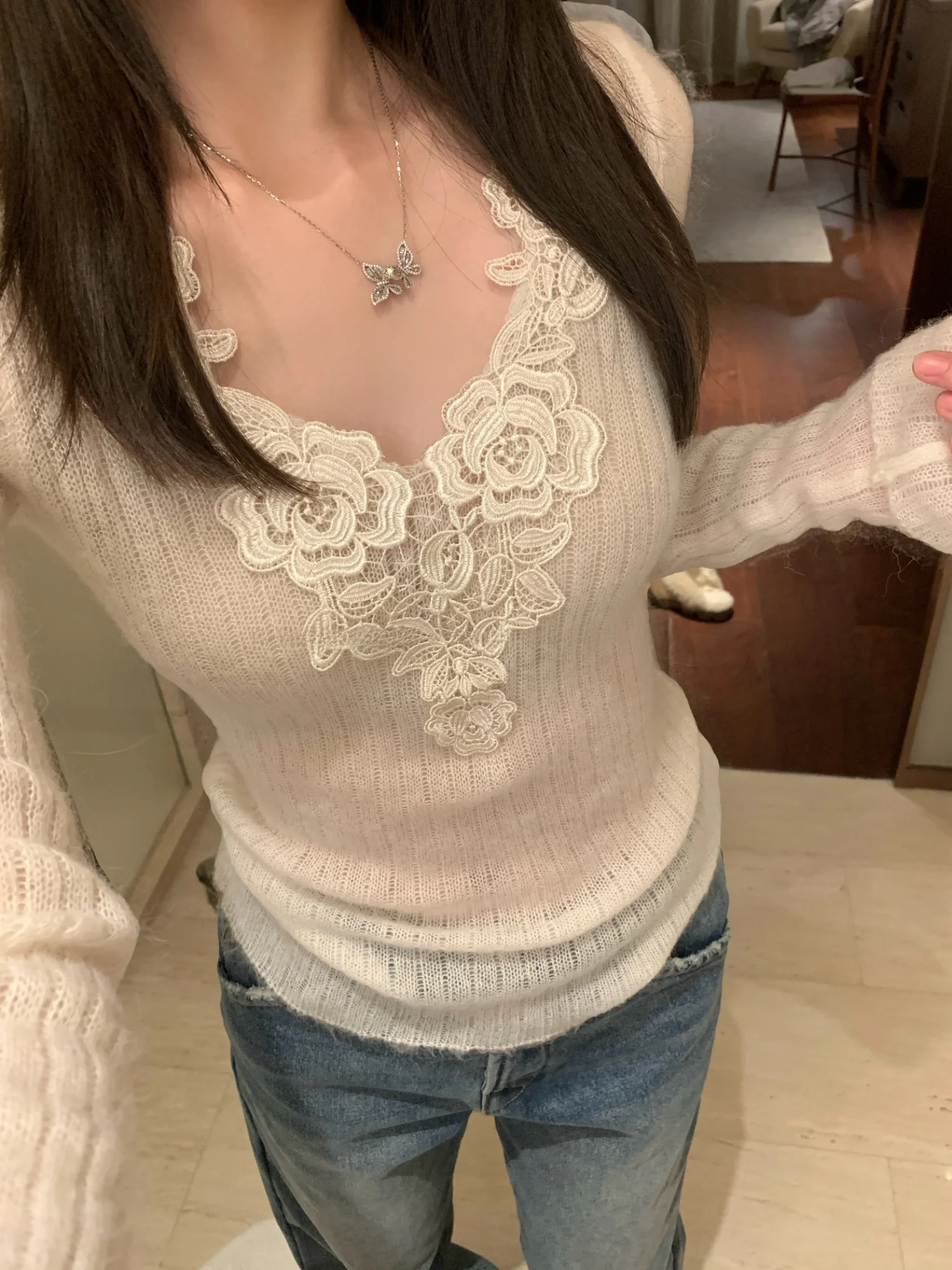

Ego Studio Alpaca Wool Lace V-ne Knitted Slim Fit Long Sve Sweater Top French Sle Plant Floral Pattern Women's Knitwear