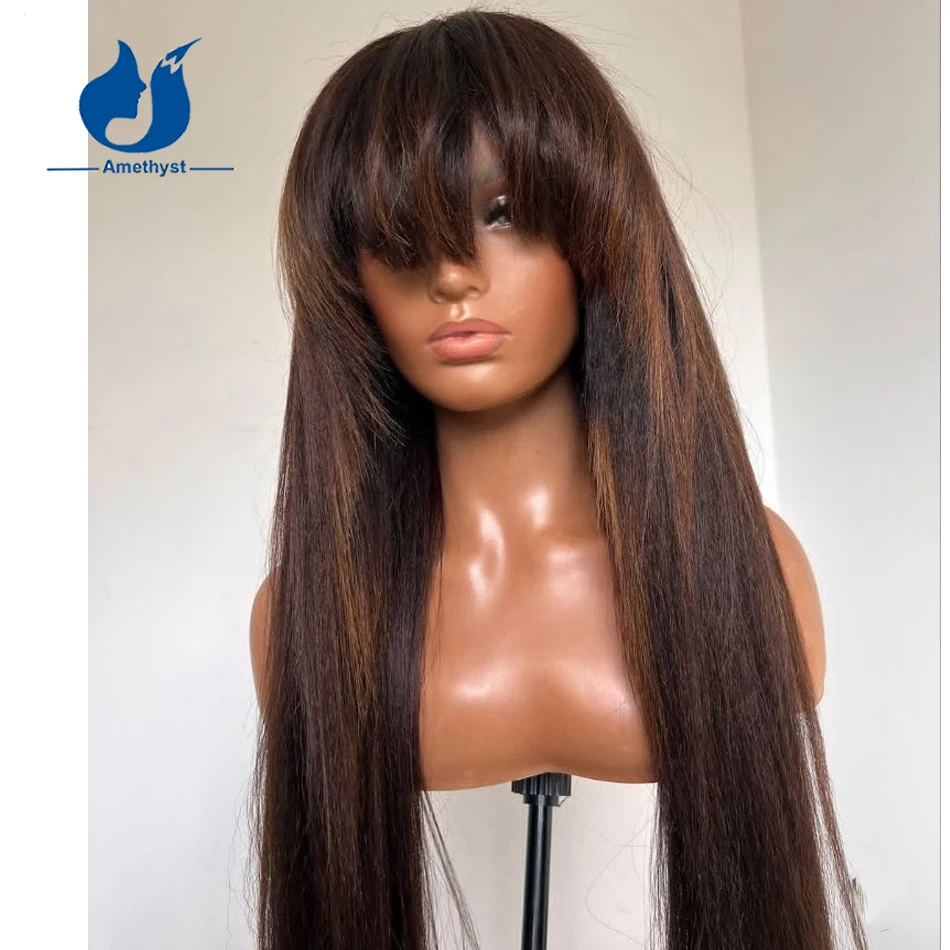 

Amethyst Yaki Straight Chocolate Brown with Blonde Highlight Human Hair Bang Wig Full Machine Made Scalp Top Remy Hair for Women