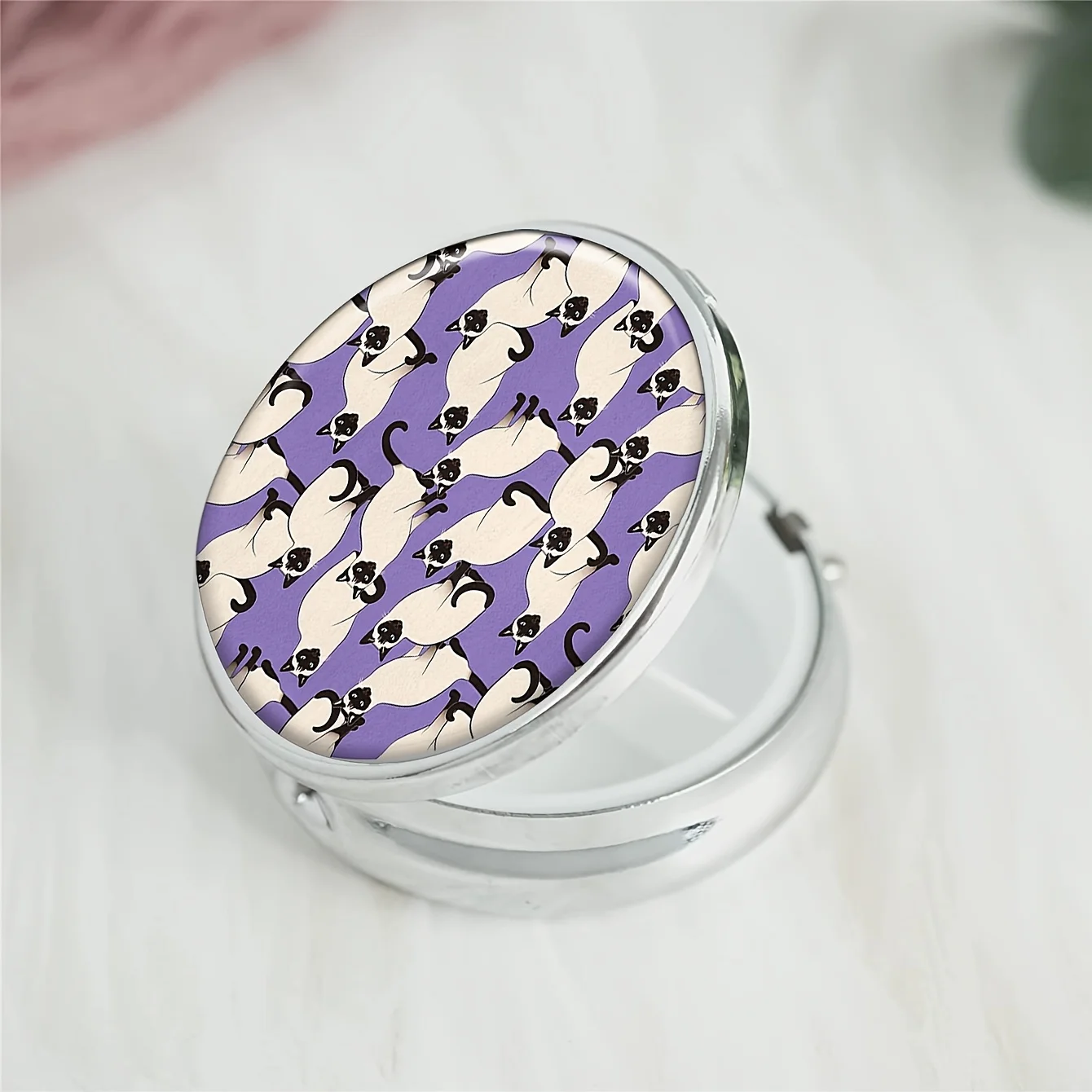 Cute Cat Purple Round Pill Box,Household Portable Medicine Storage Box,3-grid Sub-packaging Medicine Box,Outdoor Travel Office