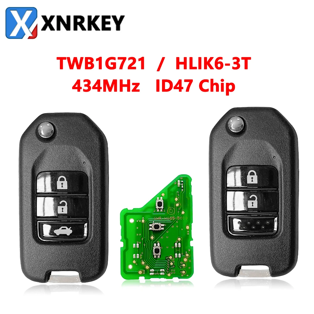 XNRKEY 2/3B Remote Car Key for Honda Civic Accord City CR-V Jazz XR-V Vezel HR-V FRV Spirior JADE 433MHz HLIK6-3T / TWB1G721