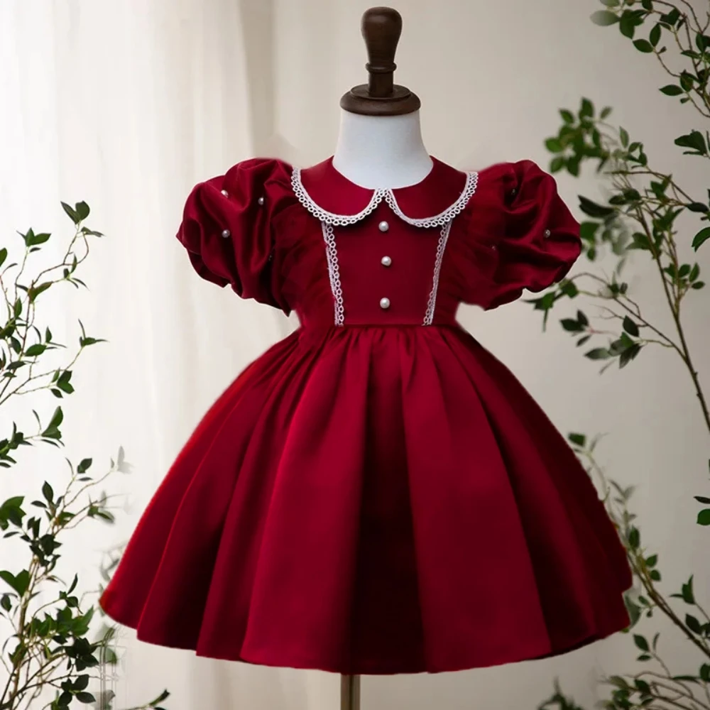 Red Satin Girls Party Dresses Bow Wedding Bridesmaid Princess Kids Dress Short Sleeve Children Costume Christmas Summer Clothing