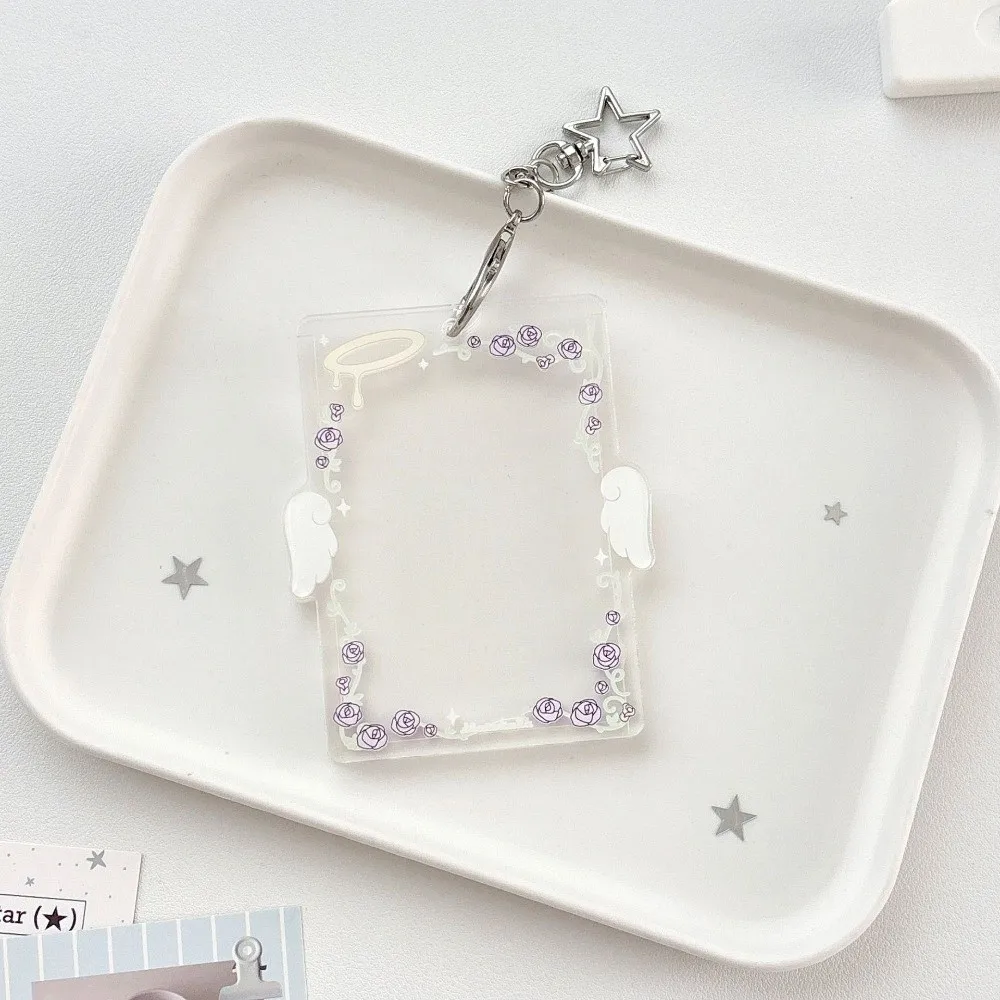Rose Pattern Acrylic Card Holder Star Clip Angel Wings Keychain Charm Double Sided Display Clear Acrylic Card Protector Charm