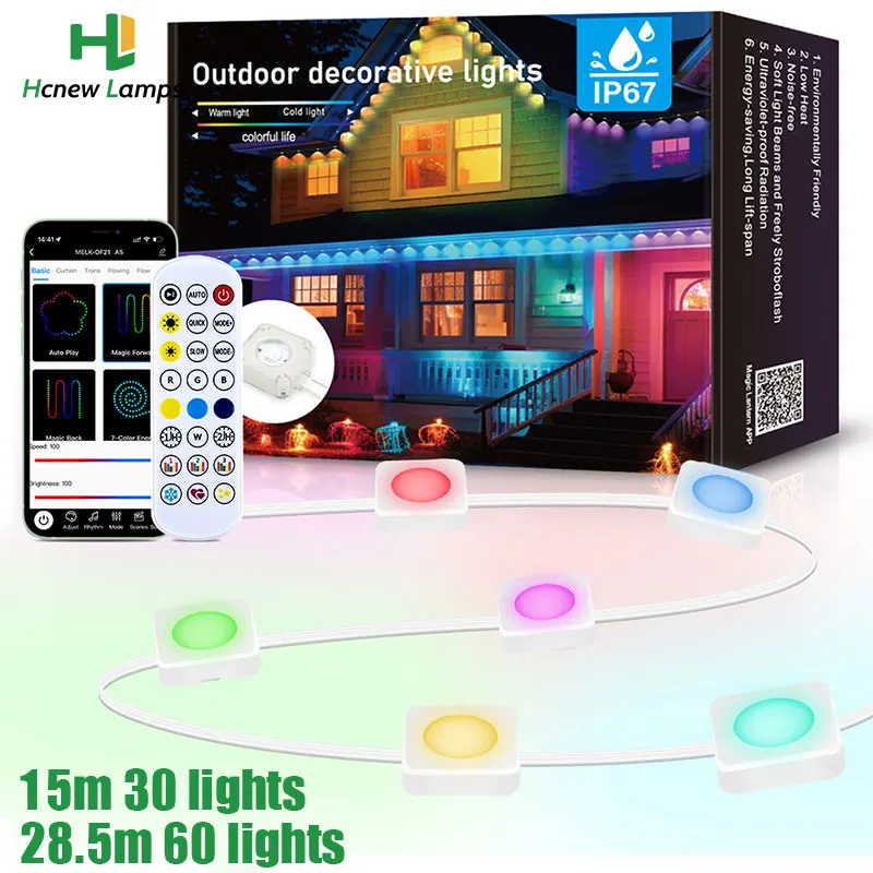 RGB Smart Eaves Light Waterproof Permanent Outdoor Light IP67 Colorful DIY Scene Eave Wall String Lights with APP Remote Control