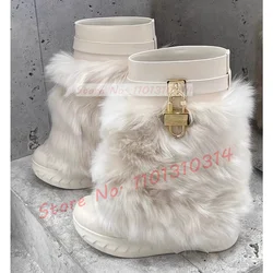 Fur Shark Ankle Boots With Metal Lock Women Trending White Fuzzy Wedges Biker Boots Female Luxury Stylish Streetwear Dress Shoes