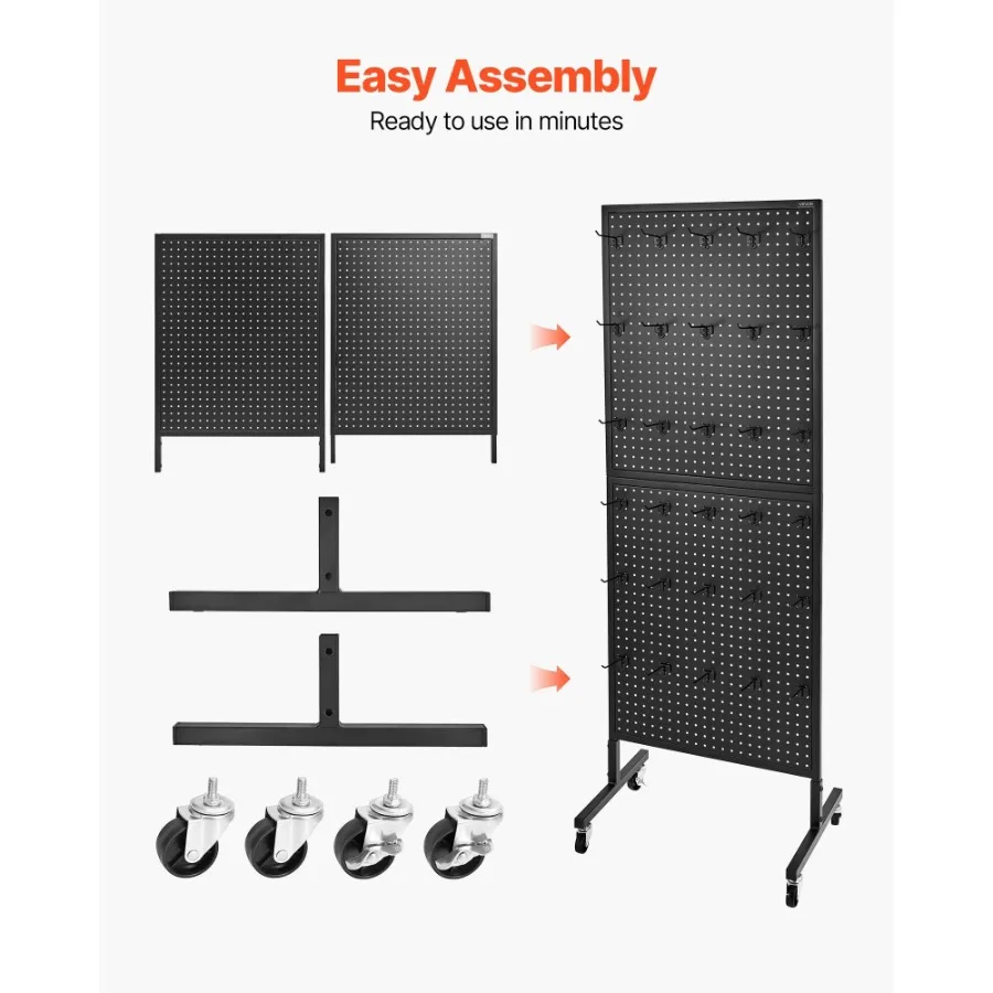 Stand Display Pegboard dengan 30 Kait Panel Pegboard Display dengan Roda Hitam