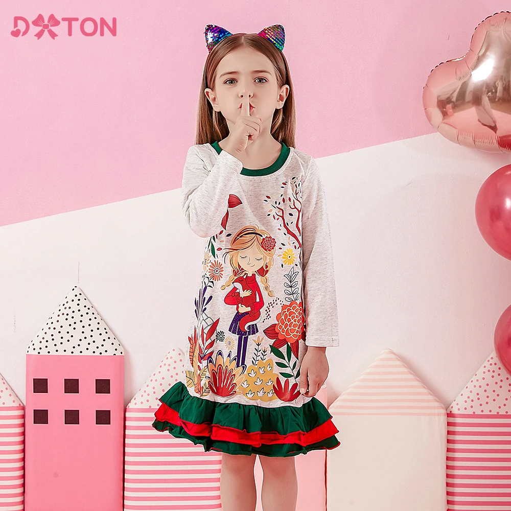 DXTON Children Cotton Dress Flower Plant Print Girls Dresses Winter Casual Girls Clothes Ruffles Vacation Toddler Kids Costumes