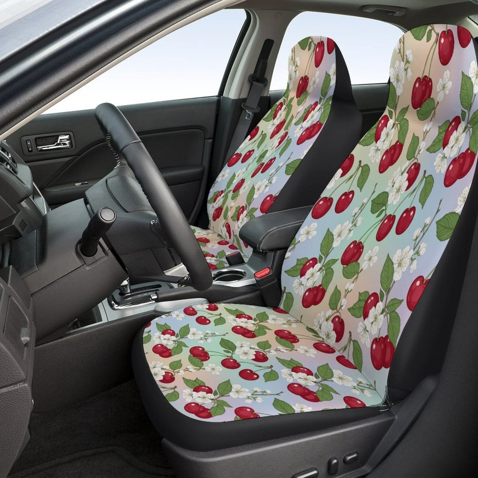 Set Of Car Seat Covers Featuring A Cherry Blossom Design, Suitable For A Variety Of Vehicles. These Stylish And Breathable Cover
