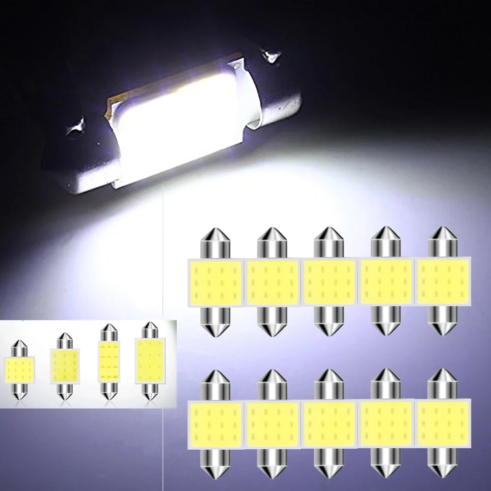 

31/36/39/41mm 10Pcs C10W C5W LED Bulb Festoon 12V COB 6500K White Car Interior Dome Roof Reading Trunk License Plate Lights