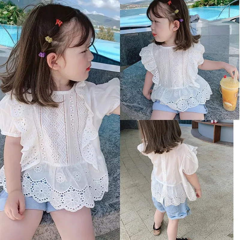 

Summer Baby Girls Cotton Sweet Lace Patchwork Single-Breasted Back Hollow Jacquard Shirt Children Blouse Kids Outfit Tops 2-8 Yr