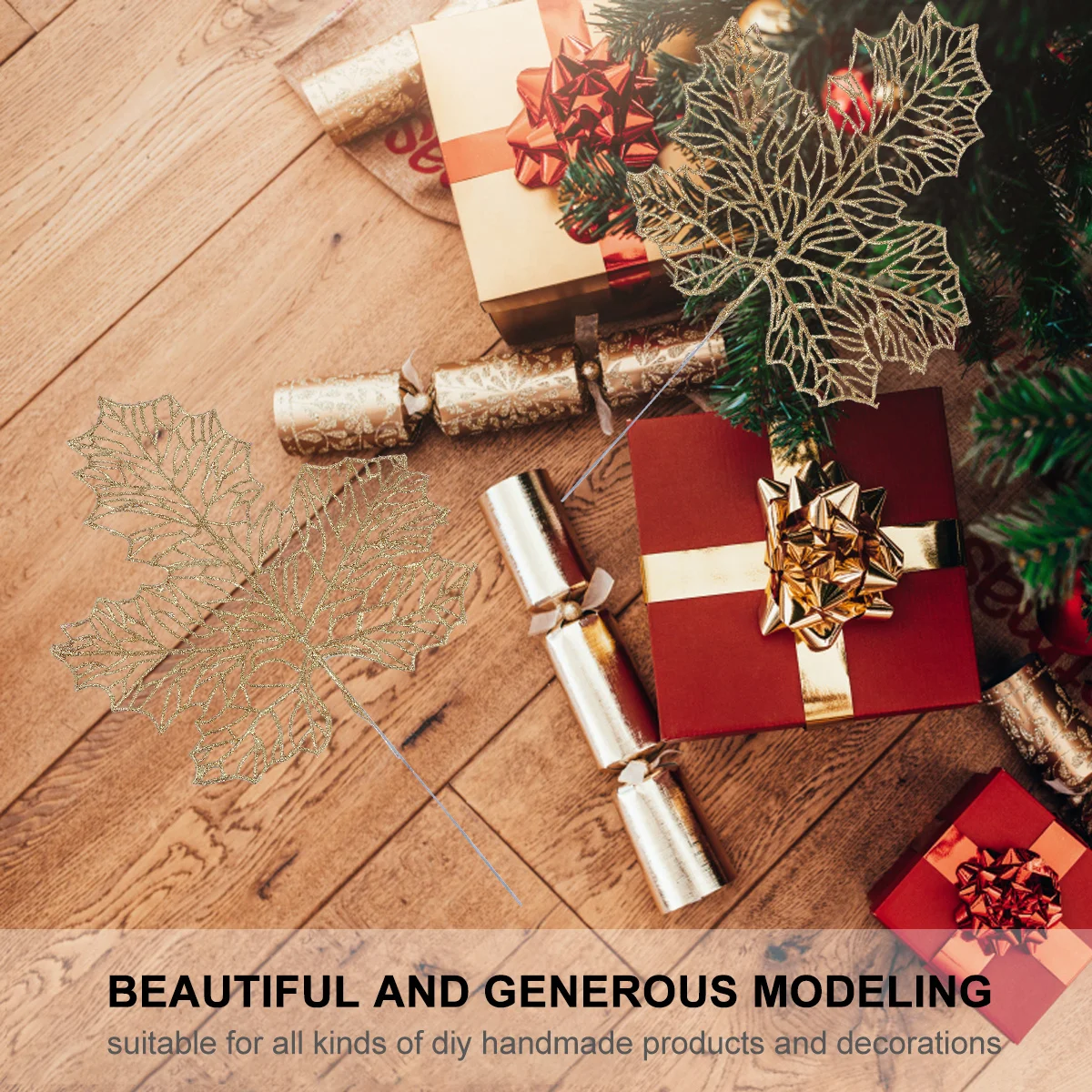 

4Pcs Artificial Maple Leaves Decor Christmas Golden Color Realistic Delicate Leaves Ornament for Wedding Party Holiday Event