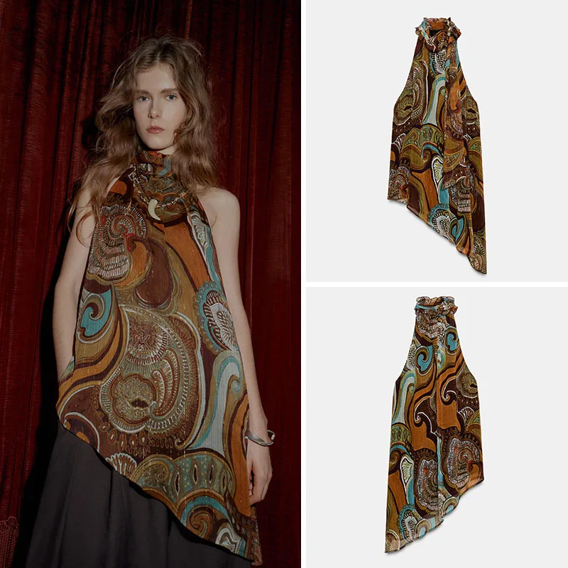 

Sexy Printed Metal Color Thread Decoration Asymmetric Top Women's New Arrival Autumn Fashion Ethnic Stage Costume 18-25 Years