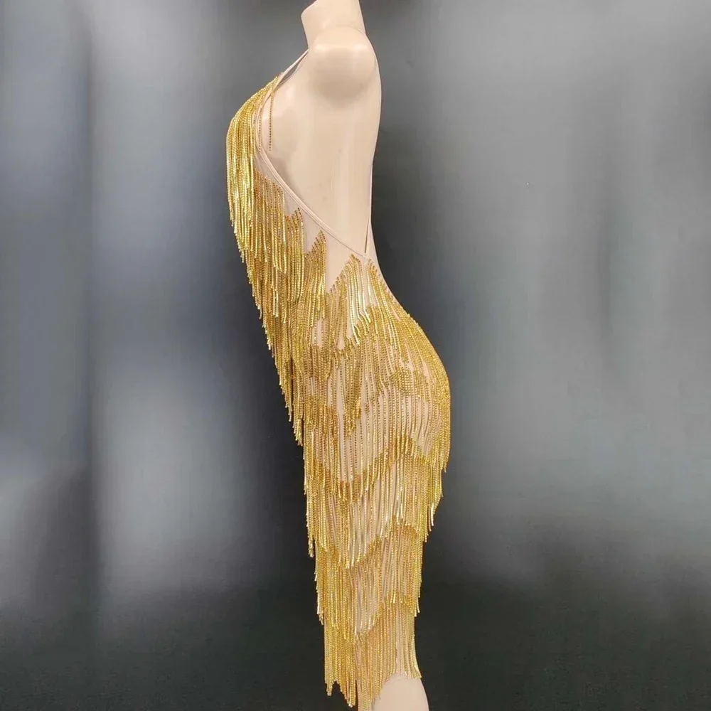 輝く黄色のクリスタルタッセル女性ドレスノースリーブバックレス DJ シンガーダンスステージ着用誕生日パーティードラッグクイーン衣装
