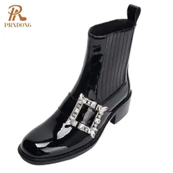 PRXDONG 2024 Fashion Women Ankle Boots Low Square Heel Round Toe Black Crystal Dress Casual Female Shoes Short Boots Size 34-39