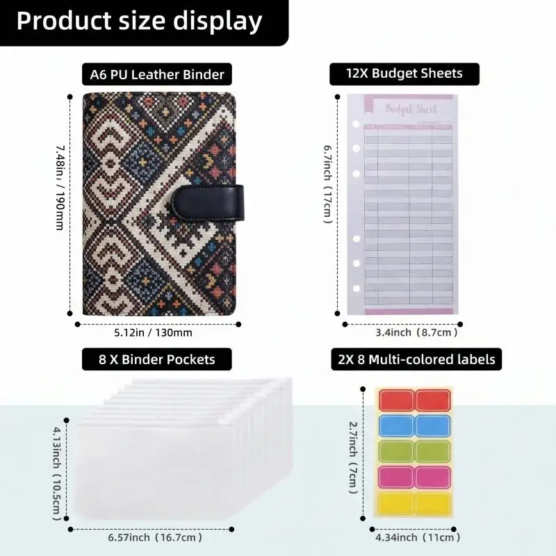 

A6 PU Leather Retro Fabric Texture Budget Binder Notebook With Cash Envelopes Pockets Money Saving Challenge Book
