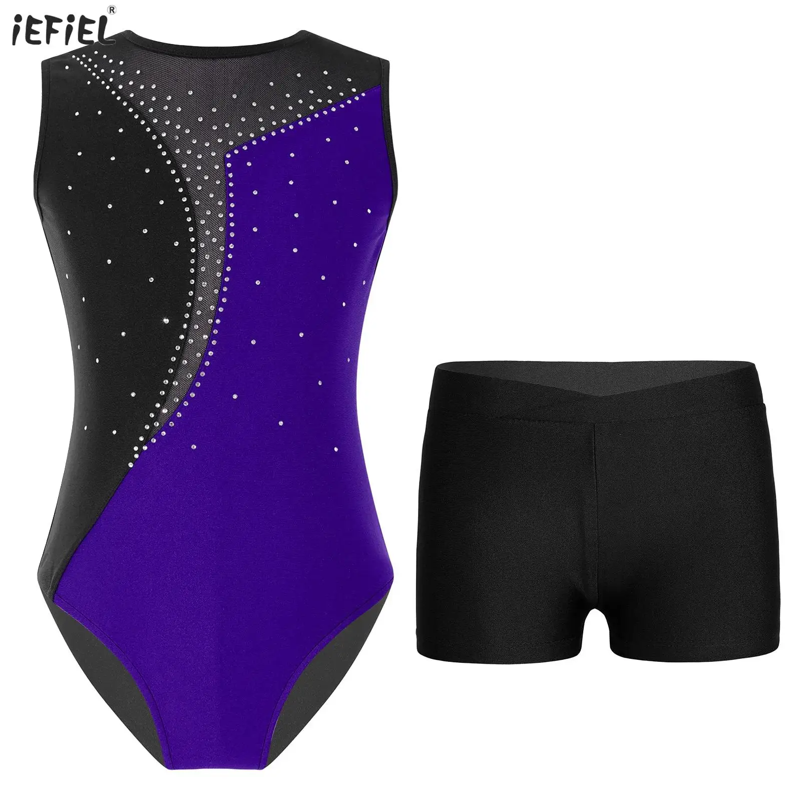 

Kids Girls Ballet Dance Sets Shiny Rhinestones Contrast Color Sleeveless Slim Leotard+Shorts for Gymnastics Workout Performance